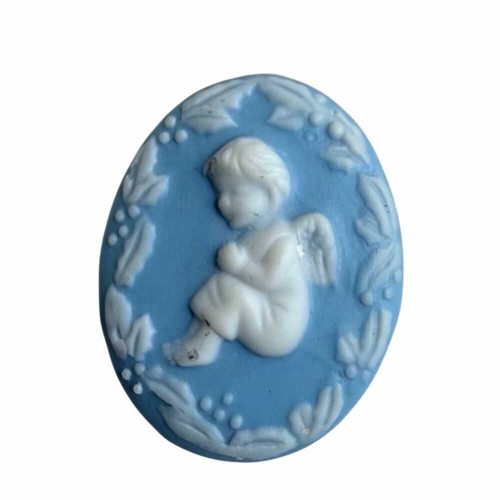 Blue Jasperware Style Cherub Angel Cameo Brooch KD Signed
